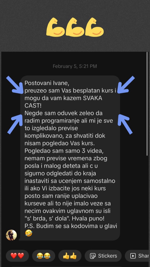 Komentar polaznika: super objašnjavaš, jasno, strpljivo, bravo i hvala ti